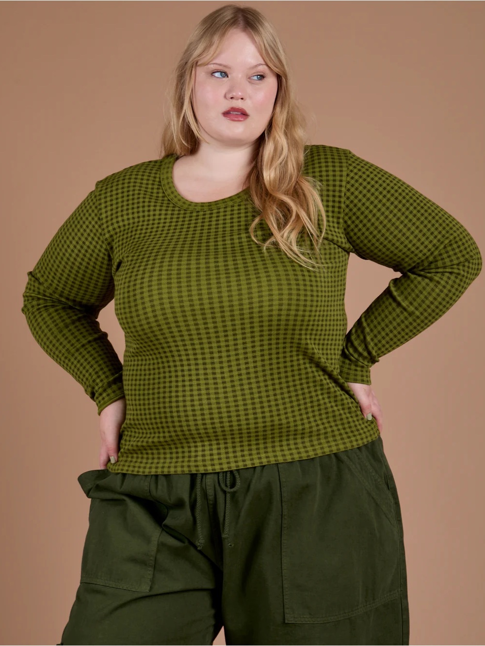 NEW Big Bud Press Gingham Long Sleeve Baby Tee in Summer Olive - 1X